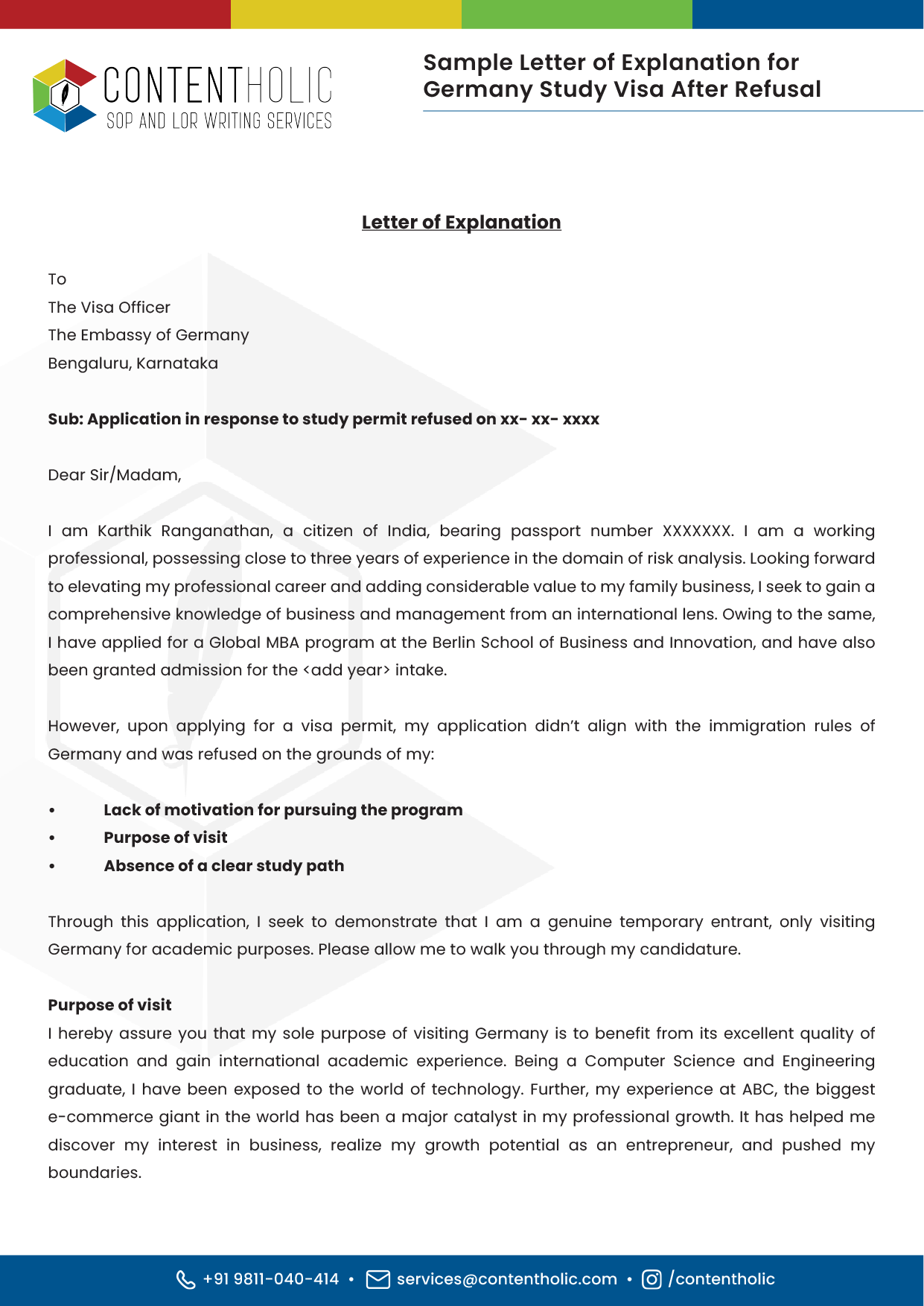 LOE Sample for German Study Visa After Refusal