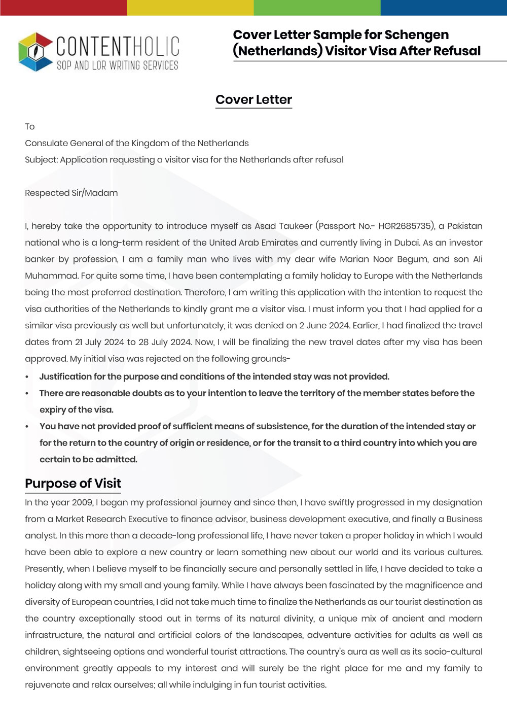 Cover Letter Sample for Schengen (Netherlands) Visitor Visa After Refusal