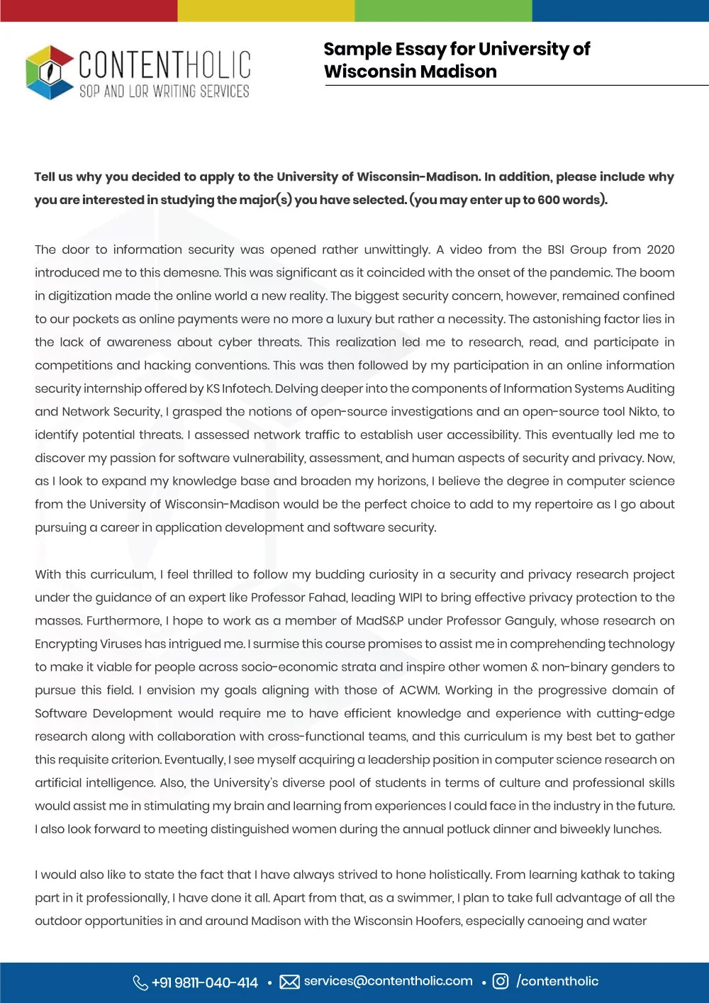 Sample Essay for University of Wisconsin Madison